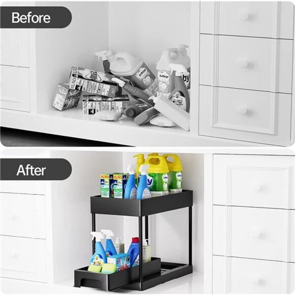 2 Tier Under-Sink Drawer, Black Under Sliding Cabinet Basket Organizer - Picture 2 of 6